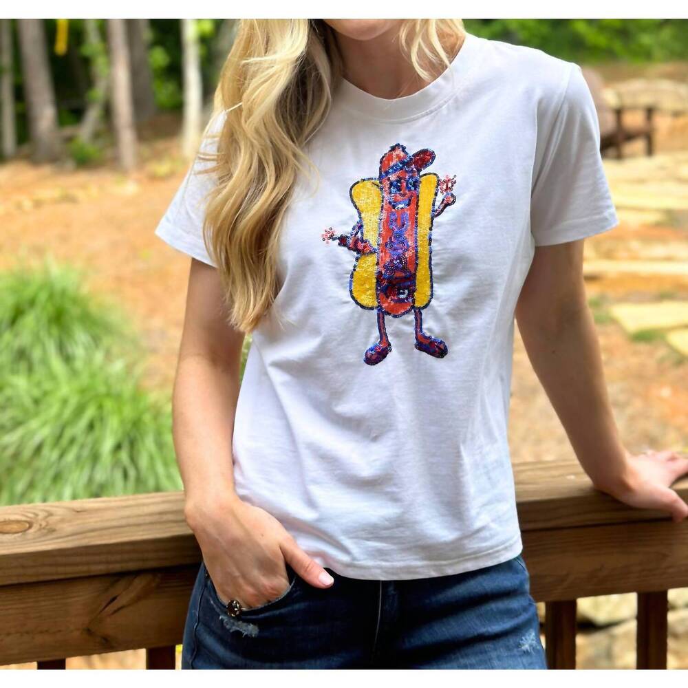 NEW STEWART SIMMONS american hot dog sequin shirt in white